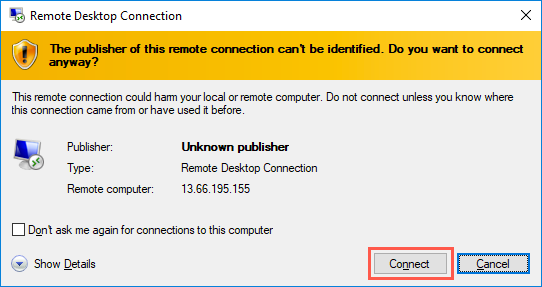 In the Remote Desktop Connection Dialog Box, the Connect button is highlighted.