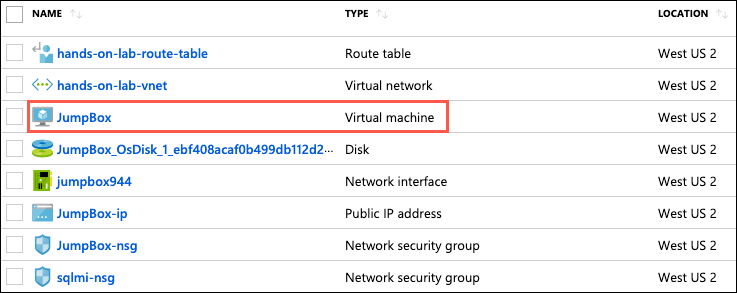 The list of resources in the hands-on-lab-SUFFIX resource group are displayed, and JumpBox is highlighted.