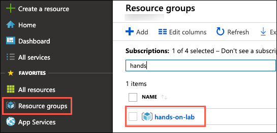 Resource groups is selected in the Azure navigation pane and the "hands-on-lab-SUFFIX" resource group is highlighted.