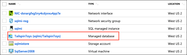 The TailspinToys Managed Database is highlighted in the resources list.