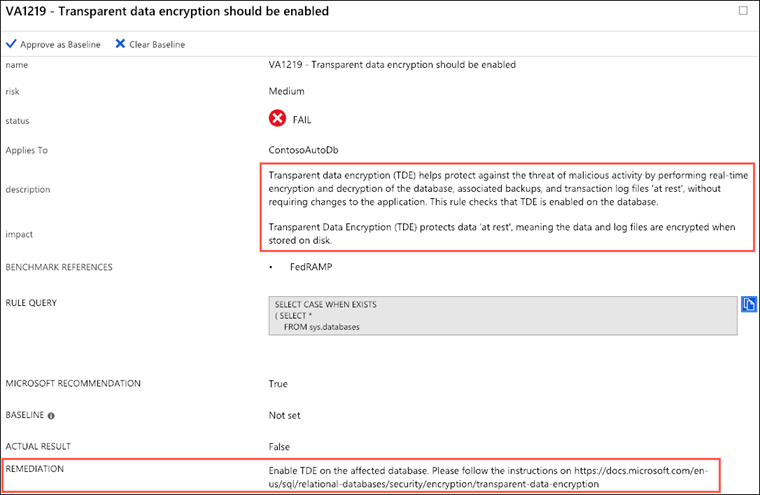 The details of the VA1219 - Transparent data encryption should be enabled finding are displayed with the description, impact, and remediation fields highlighted.