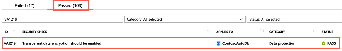 The Passed tab is highlighted and VA1219 is entered into the search filter. VA1219 with a status of PASS is highlighted in the results.