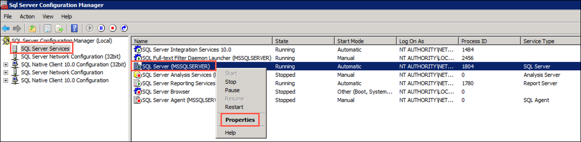 SQL Server Services is selected and highlighted in the tree view of SQL Server Configuration Manager. In the Services pane, SQL Server (MSSQLSERVER) is selected and highlighted. Properties is highlighted in the context menu.