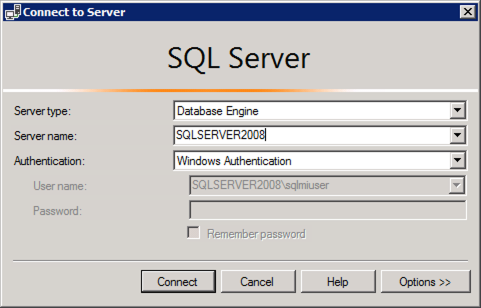 The SQL Server Connect to Search dialog is displayed, with SQLSERVER2008 entered into the Server name and Windows Authentication selected.