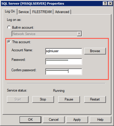 In the SQL Server (MSSQLSERVER) Properties dialog, This account is selected under Log on as and the sqlmiuser account name and password are entered.