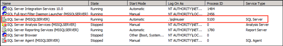 In the list of SQL Server Services, the SQL Server (MSSQLSERVER) service is highlighted.