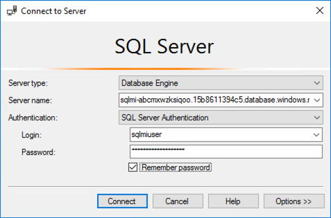 The SQL managed instance details specified above are entered into the Connect to Server dialog.