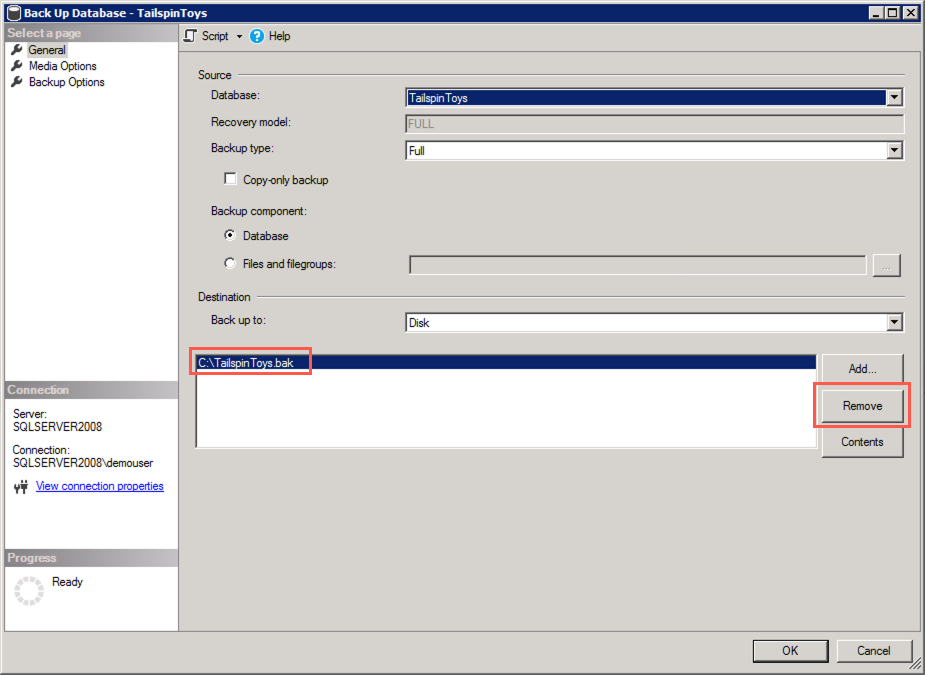 In the General tab of the Back Up Database dialog, C:\TailspinToys.bak is selected and the Remove button is highlighted under destinations.