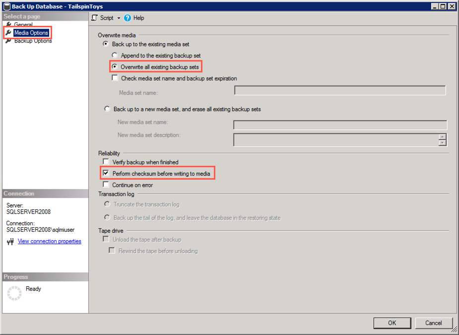 In the Back Up Database dialog, the Media Options page is selected, and Overwrite all existing backup sets and Perform checksum before writing to media are selected and highlighted.