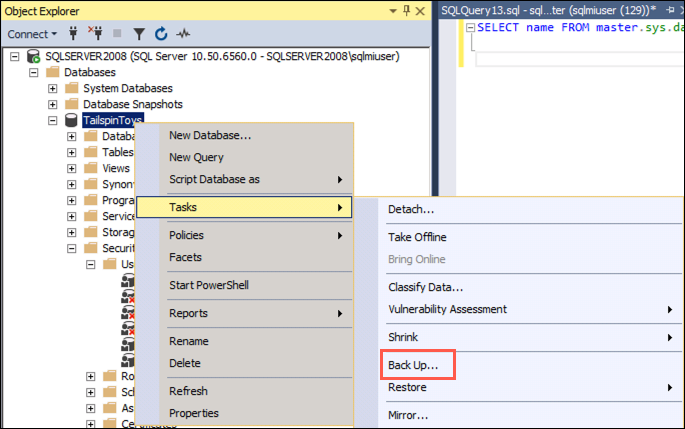 In the SSMS Object Explorer, the context menu for the TailspinToys database is displayed, with Tasks and Back Up... highlighted.