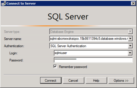 The SQL managed instance details specified above are entered into the Connect to Server dialog.