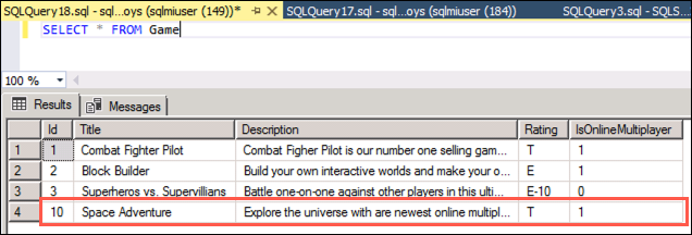 In the new query window, the query above has been entered, and in the results pane, the new Space Adventure game is highlighted.