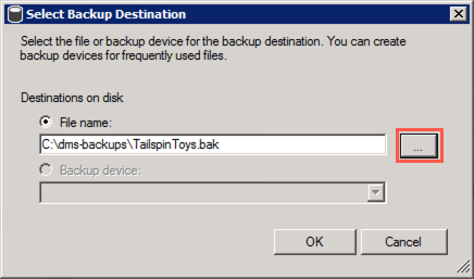 The Browse button is highlighted in the Select Backup Destination dialog.