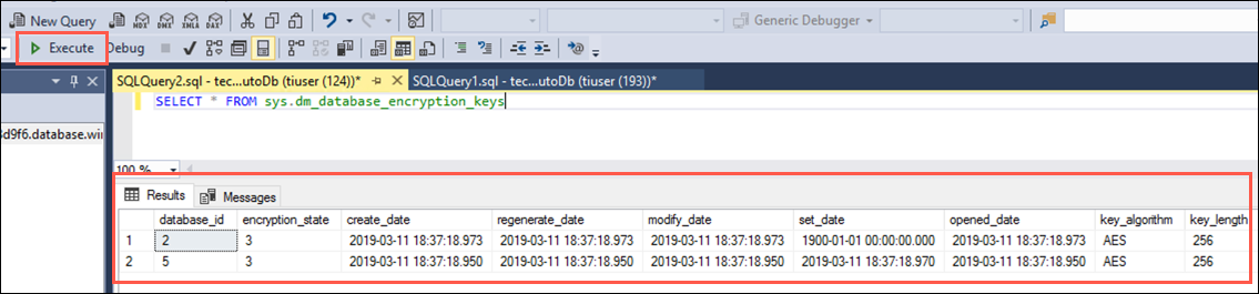 The Execute button on the SSMS toolbar is highlighted, and in the Results pane the two records about the encryption state and keys for the TailspinToys database are highlighted.