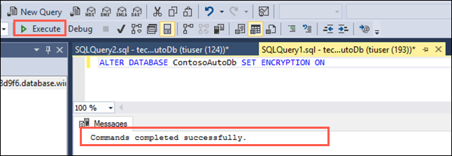 The Execute button is highlighted on the SSMS toolbar, and the Commands completed successfully message is highlighted in the output window.