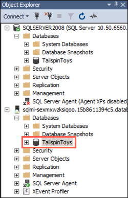 In the SSMS Object Explorer, the SQL MI connection is expanded and the TailspinToys database is highlighted and selected.