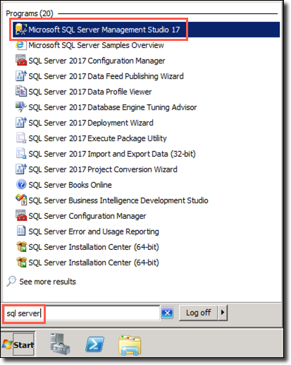 SQL Server is entered into the Windows Start menu search box, and Microsoft SQL Server Management Studio 17 is highlighted in the search results.