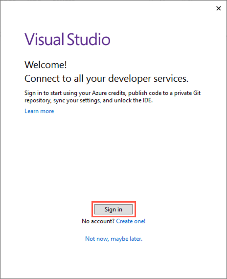 On the Visual Studio welcome screen, the Sign in button is highlighted.