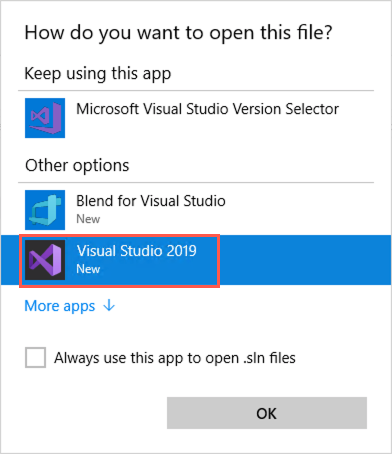 In the Visual Studio version selector, Visual Studio 2019 is selected and highlighted.