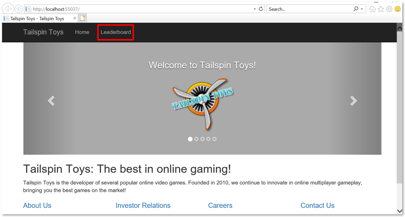 View the homepage of the Tailspin Toys application running locally