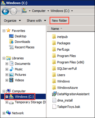 In Windows Explorer, Windows (C:) is selected under Computer in the left-hand tree view, and New folder is highlighted in the top menu.