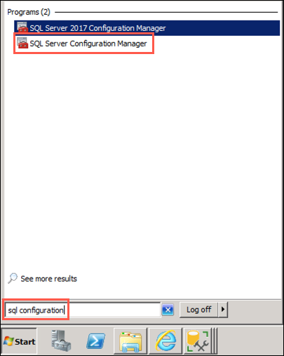 In the Windows Start menu, "sql configuration" is entered into the search box, and SQL Server Configuration Manager is highlighted in the search results.