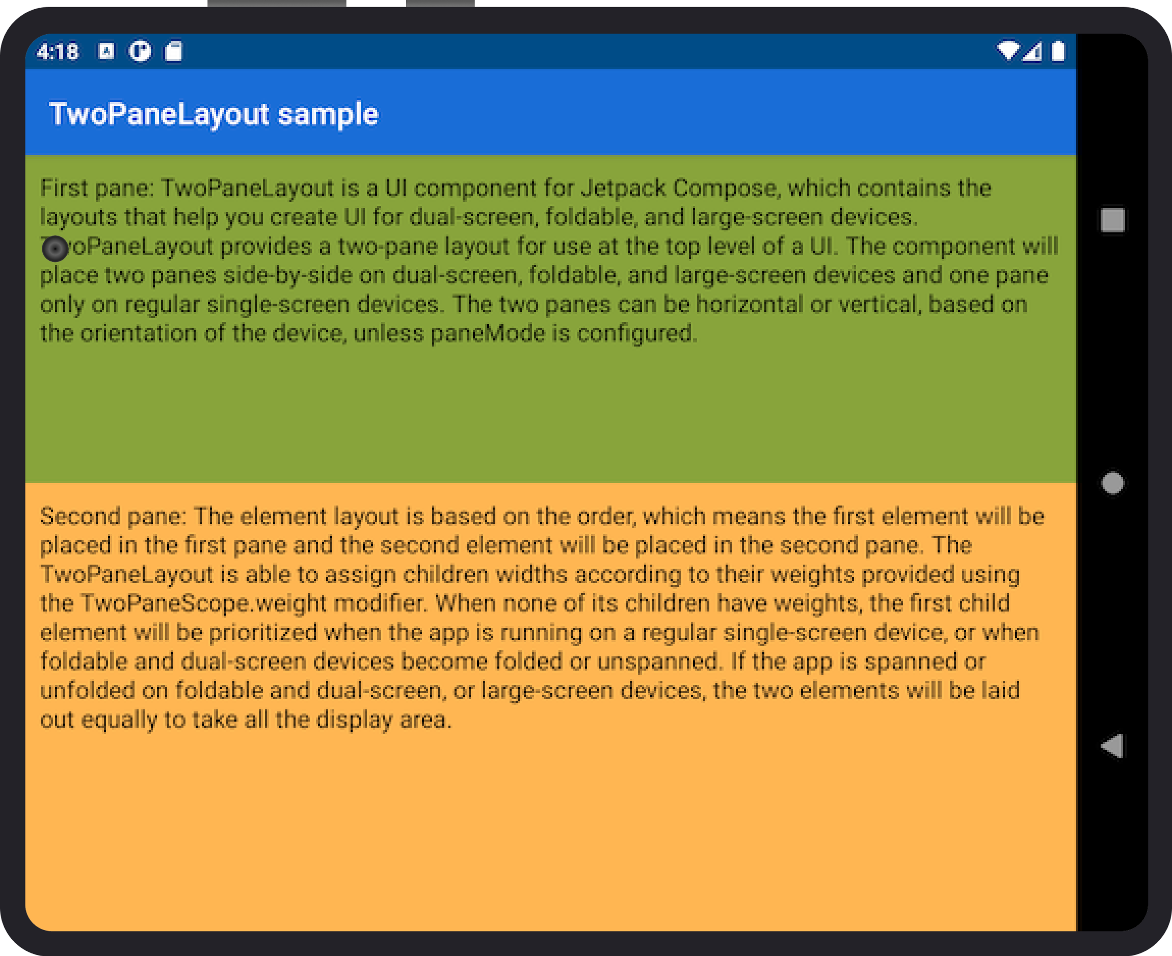 TwoPaneLayout on a foldable device, no weight modifier provided so panes are divided by fold