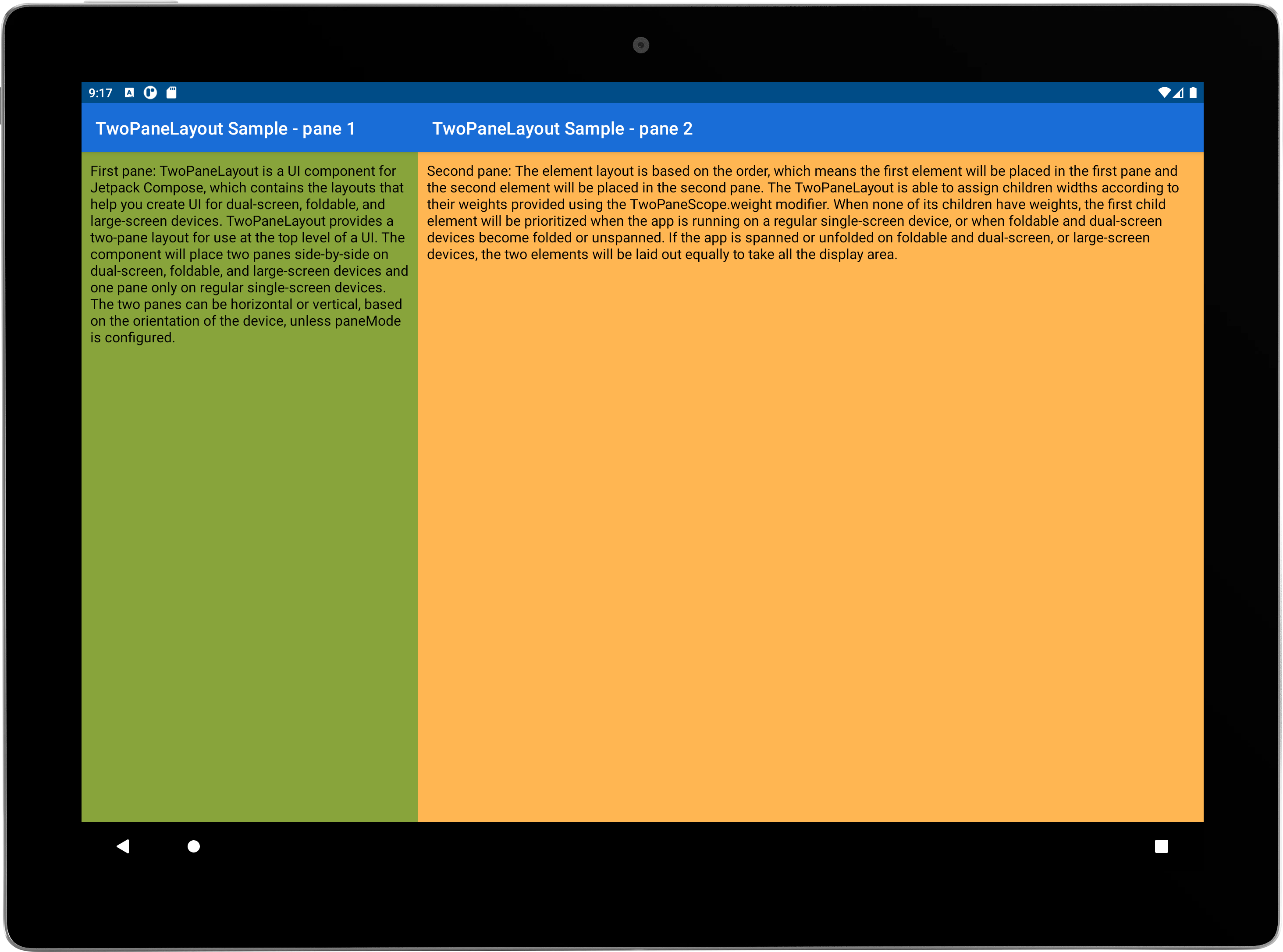 TwoPaneLayout on a tablet/large screen device, weight modifiers of 0.3 and 0.7 provided so panes are divided in a 3:7 ratio