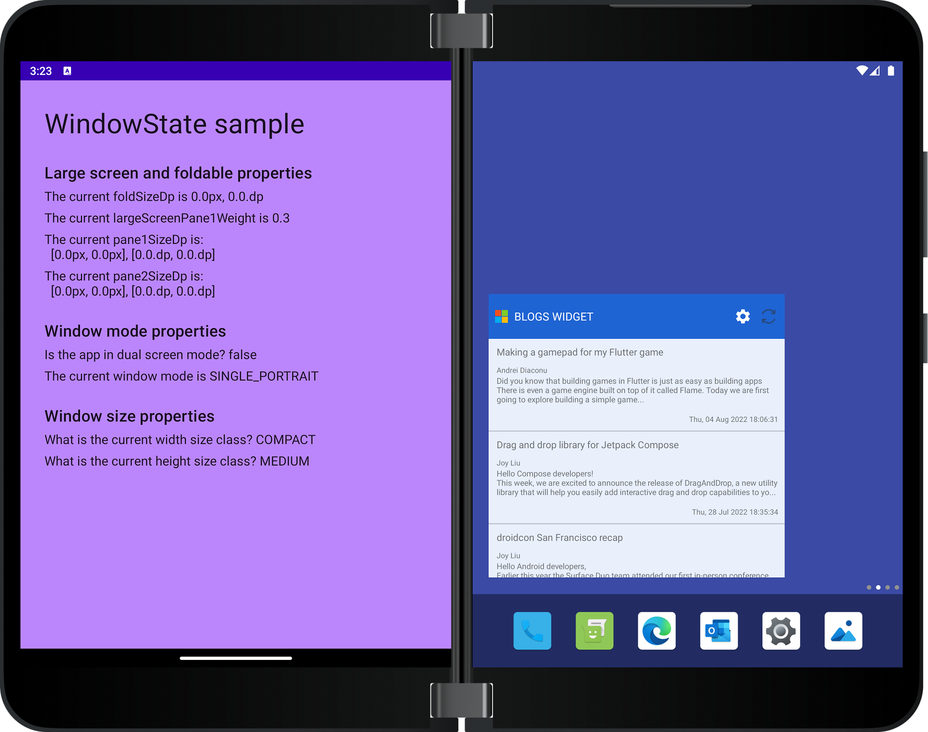 Sample running on the Surface Duo 2 emulator, unspanned