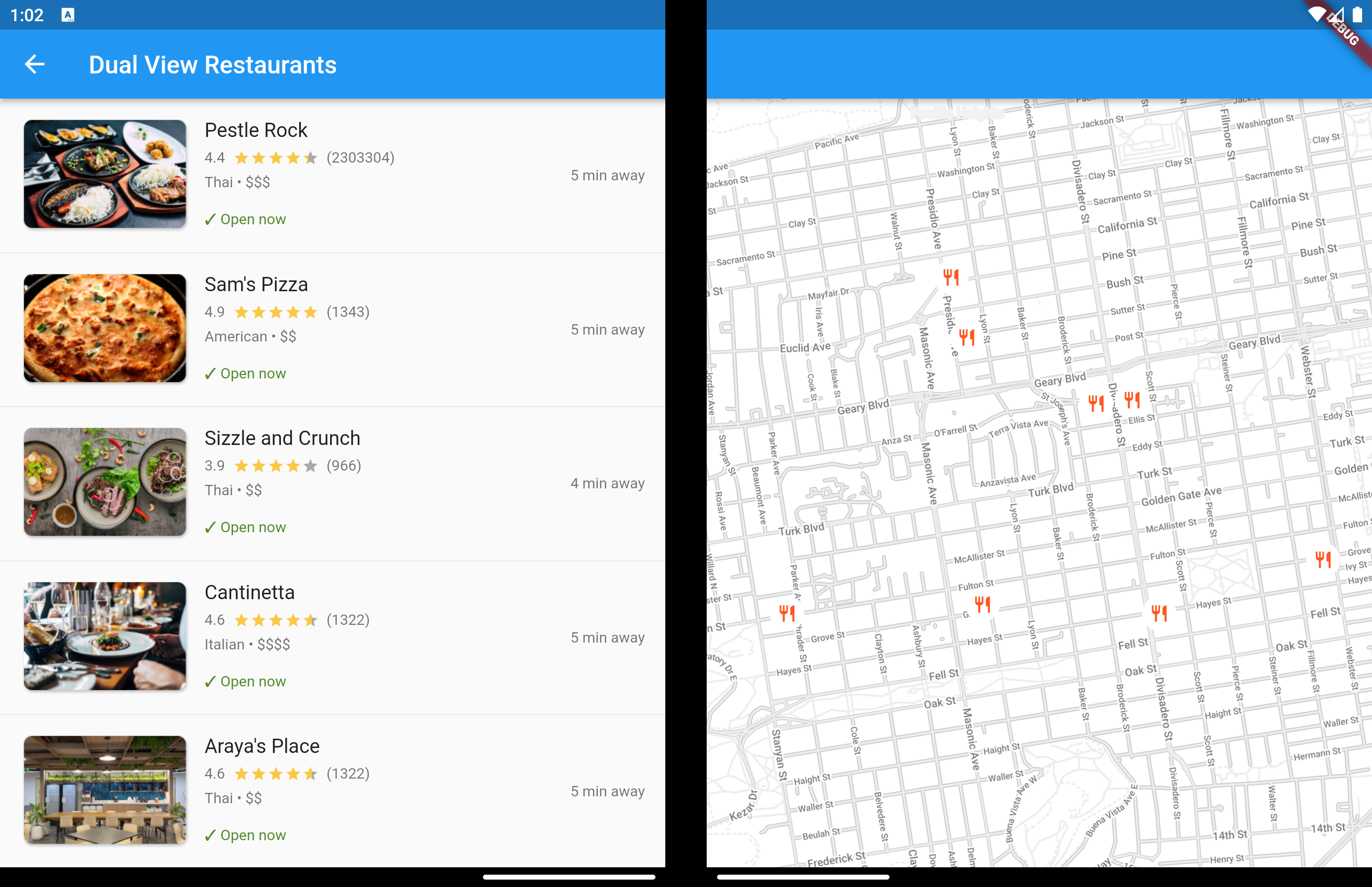 Flutter Dual View Restaurants sample in single screen mode