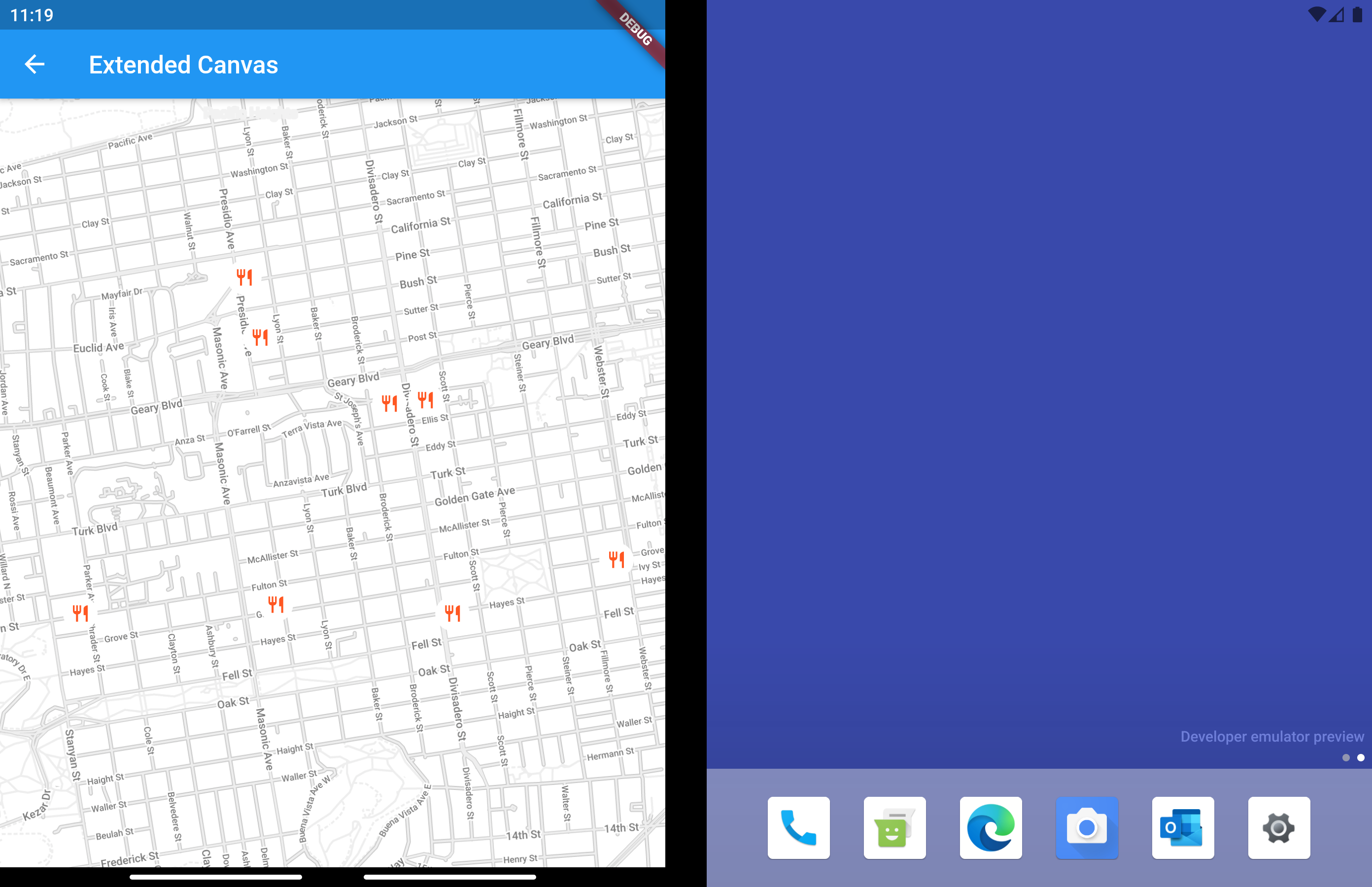 Flutter Extended Canvas sample in single screen mode