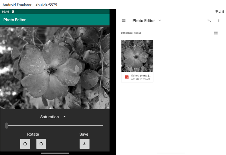 PhotoEditor app on left screen with edited image and photo gallery on right screen displaying the same edited image after it was saved