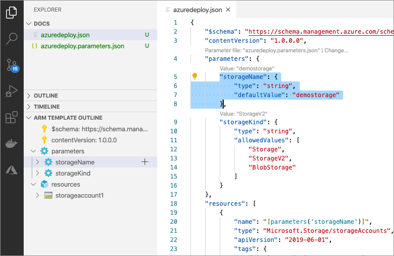 Image showing the ARM template outline with a storage account resource selected