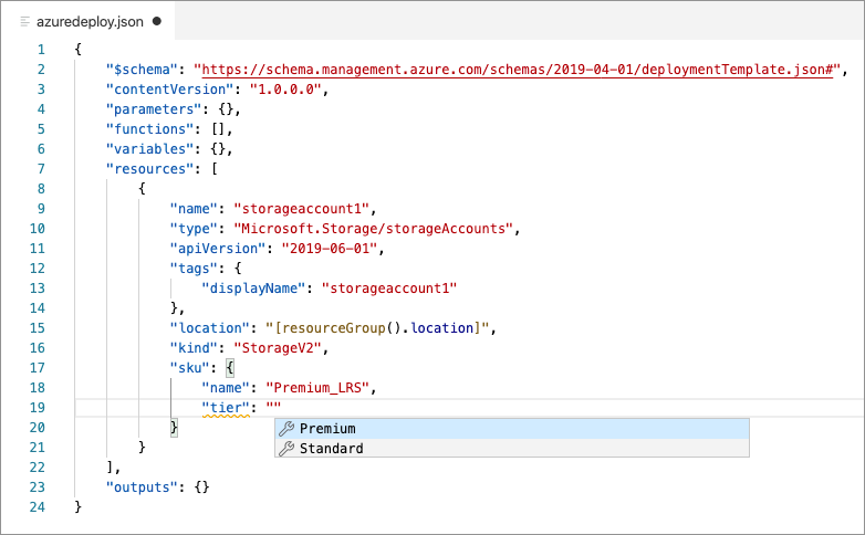 Image showing a list of storage account tier values returned from the storage Azure schema