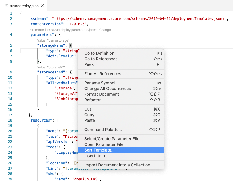 Image showing the sort template options (Resource, Function, Output, Parameter, Variable)