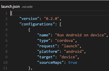 Cordova launch configuration file