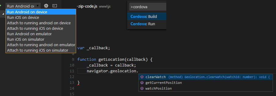 Choose Cordova debugger