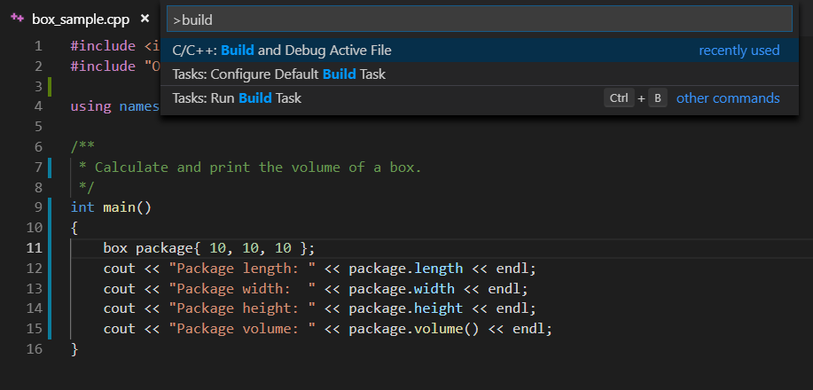 Open command palette and select Build and Debug Active File