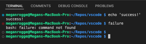 A command succeeds and a success decoration is placed to the left of the prompt. A command fails and an error decoration is placed to the left of the prompt. A placeholder decoration is to the left of no-op commands and the current command before it's been executed.