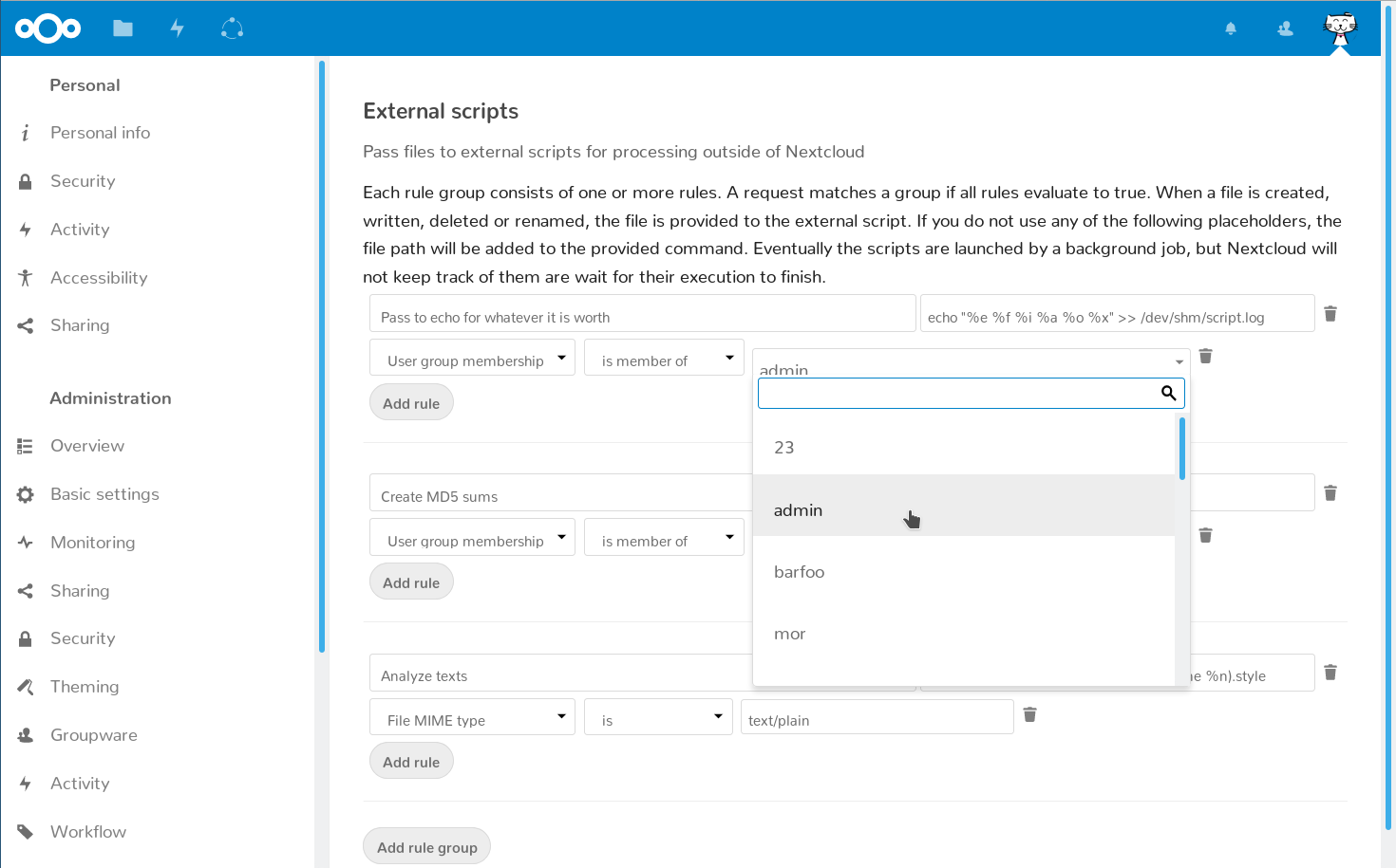 The settings screen