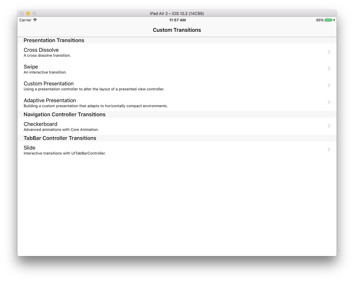 Custom View Controller Presentations and Transitions application screenshot