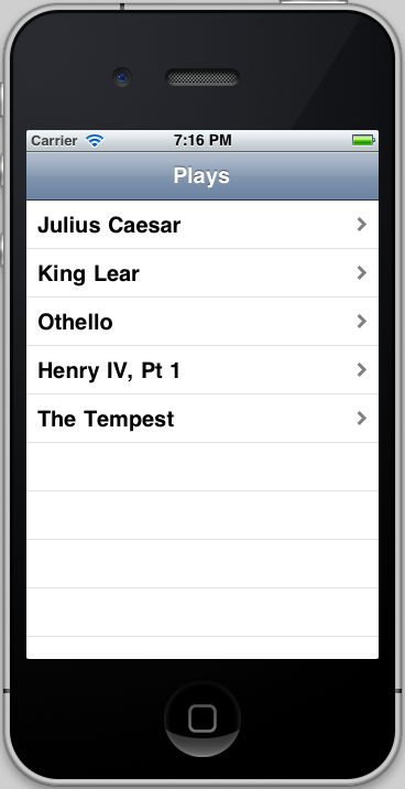 App showing a menu of Shakespeare play names