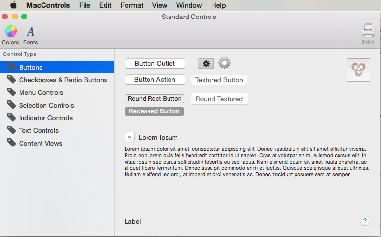 Mac app showing various control types