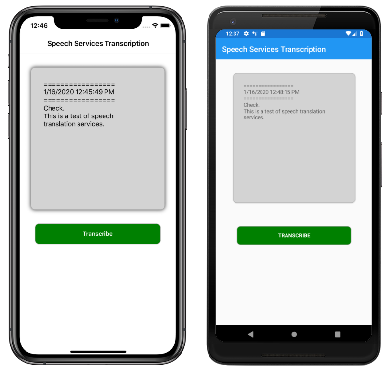 Screenshot of Speech Service sample app on iOS and Android